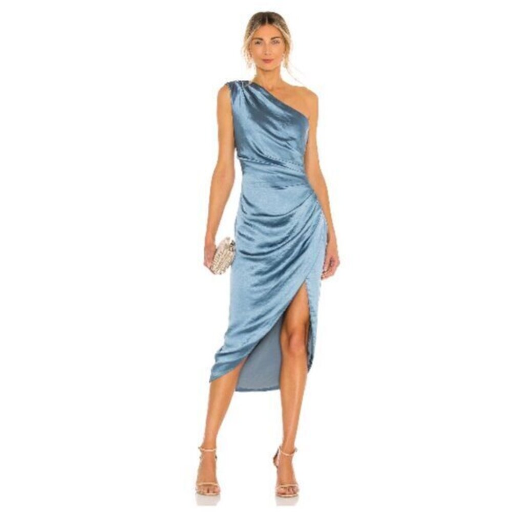 Elliatt XS Cassini One Shoulder Satin Ruched Surplice Hem Dress Blue revolve